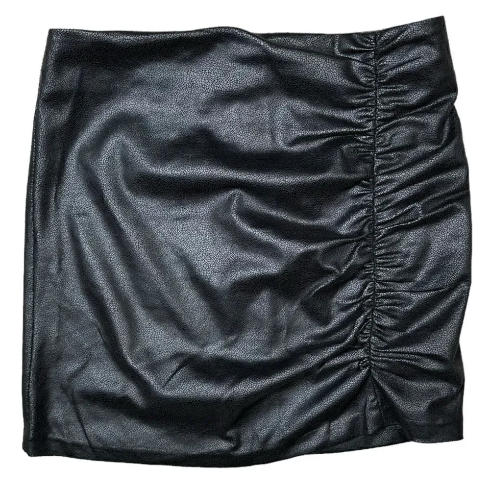 DREW Black Onyx Vegan Leather Side Ruched Sexy Mini Skirt